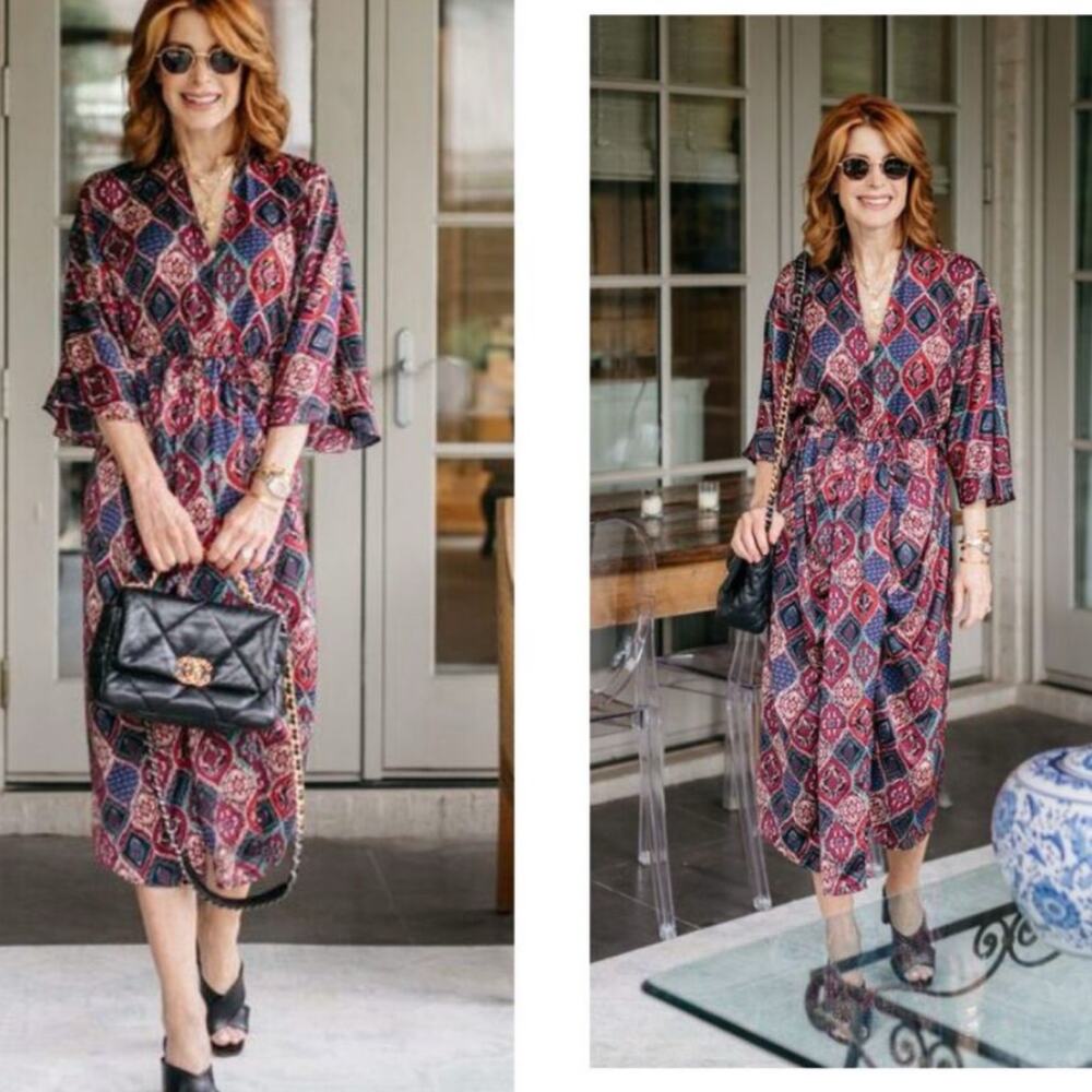 By Anthropologie Miska Tie Waist Kimono Plum Medallion Print Midi Dress S NWT